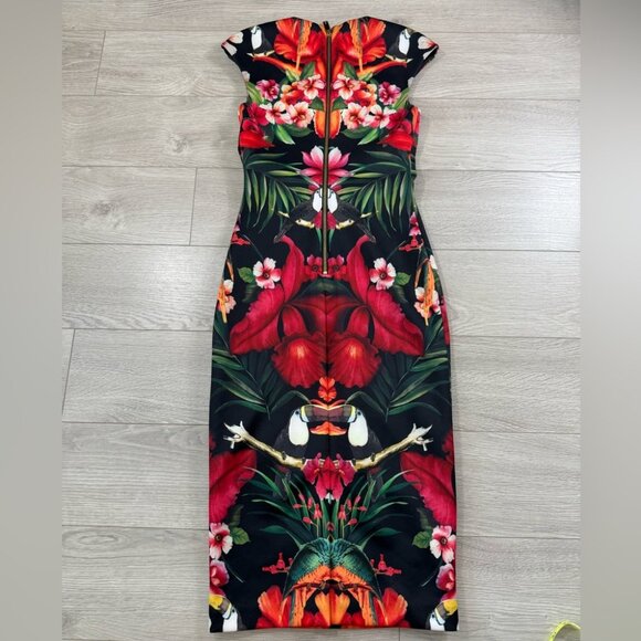 TED BAKER Bismii Toucan Print Multicolor Tropical Black Bodycon Midi Dress - Picture 5 of 14